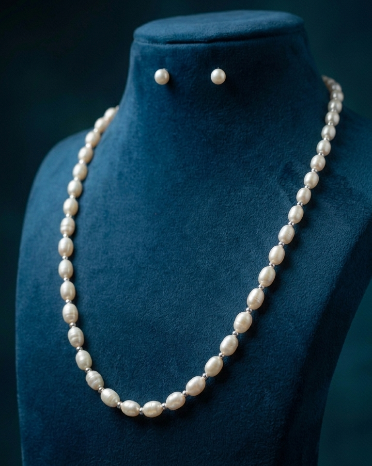 Single Strand White Pearls with Silver Accents