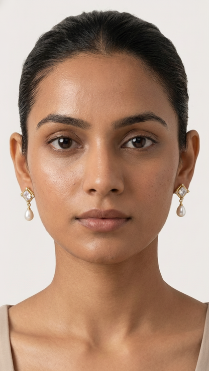 Square Halo CZ & Freshwater Pearl Drop Earrings – Geometric, Lifetime Guarantee