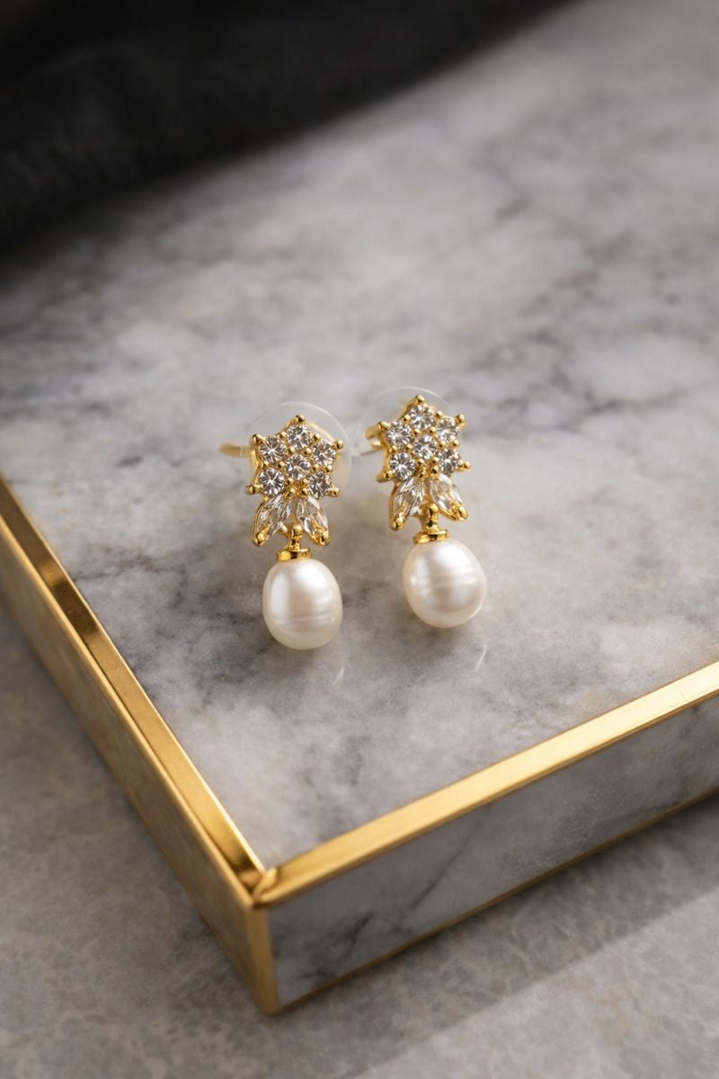 Star-Bloom Crystal Studs with Freshwater Pearls Drop