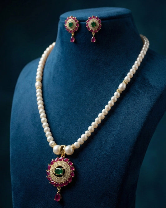 White Freshwater Pearls Necklace with Ruby & Green Floral Pendant