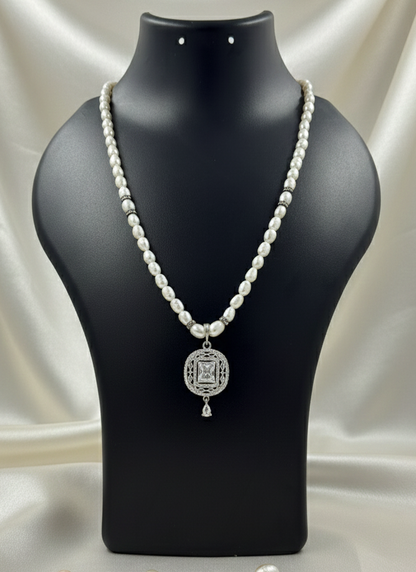 White Rice Pearl Necklace with Emerald-Cut CZ Pendant