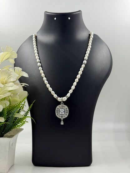 Freshwater White Rice Pearl Necklace with CZ Pendant